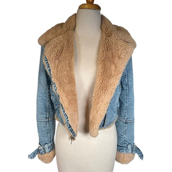 Hollister Faux Fur Lined Denim Jacket Women’s XS Y2K Cropped Tan Sherpa Collar - Picture 13 of 13